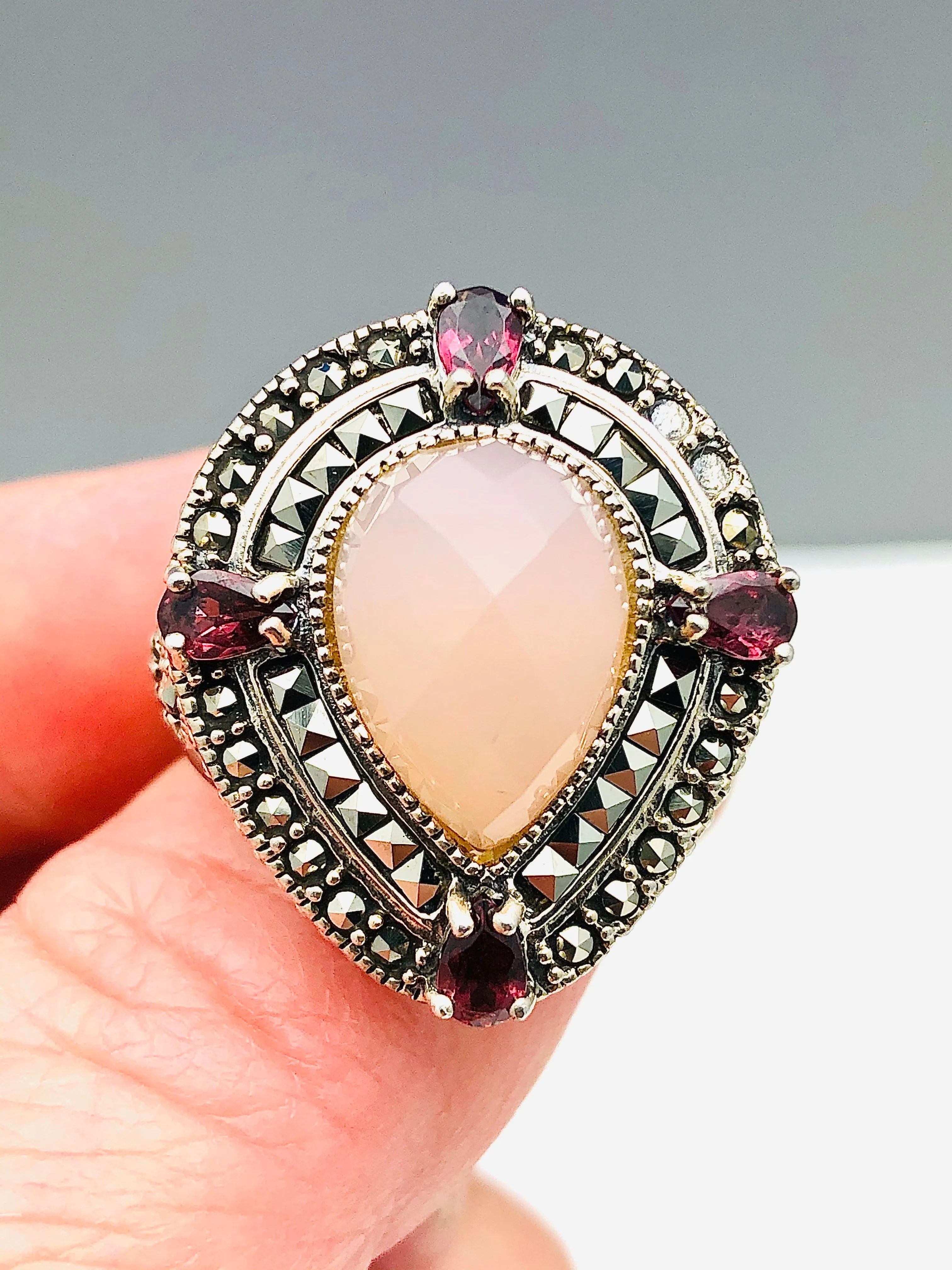 Sterling Silver Rose Quartz Garnet Marquisite Ring