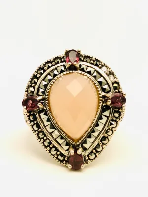 Sterling Silver Rose Quartz Garnet Marquisite Ring
