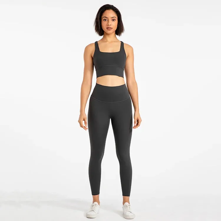 Strappy Sports Bra and High Waist Leggings Workout Set for Women - 2-Piece Nylon Yoga Sport Outfit