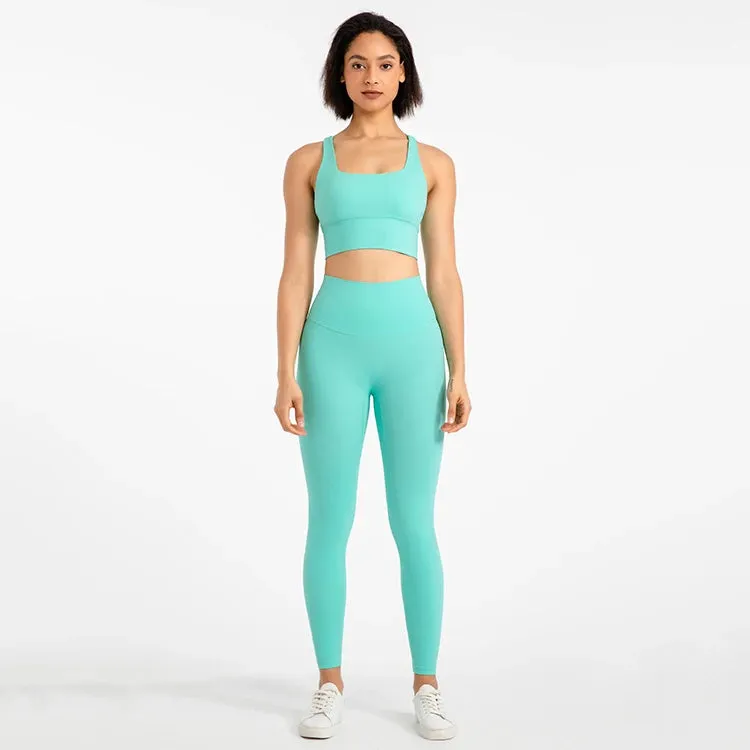 Strappy Sports Bra and High Waist Leggings Workout Set for Women - 2-Piece Nylon Yoga Sport Outfit
