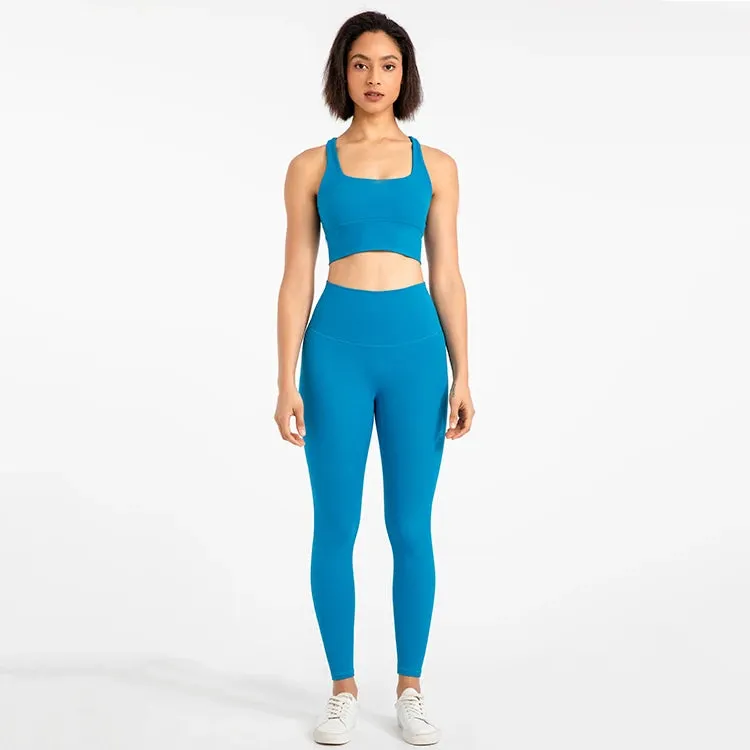 Strappy Sports Bra and High Waist Leggings Workout Set for Women - 2-Piece Nylon Yoga Sport Outfit