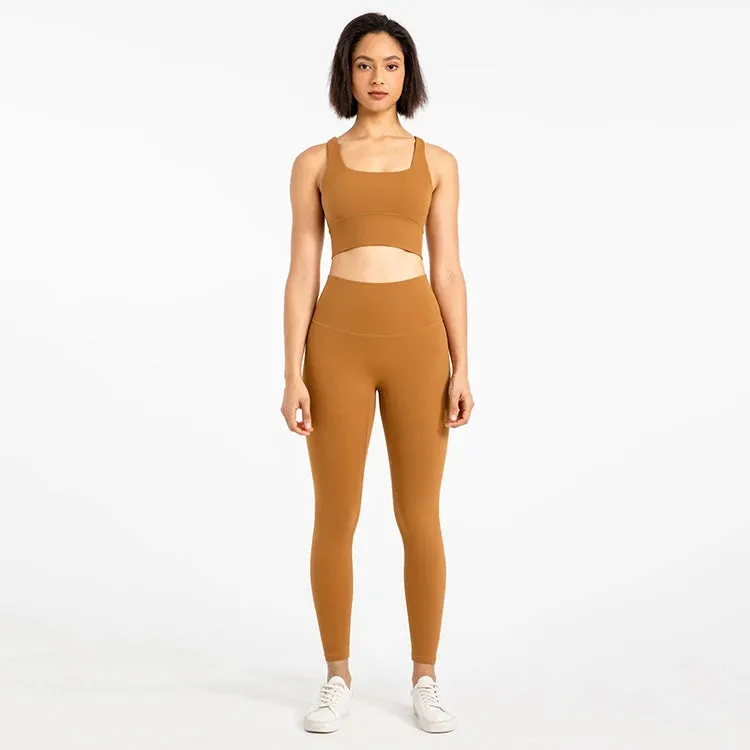 Strappy Sports Bra and High Waist Leggings Workout Set for Women - 2-Piece Nylon Yoga Sport Outfit