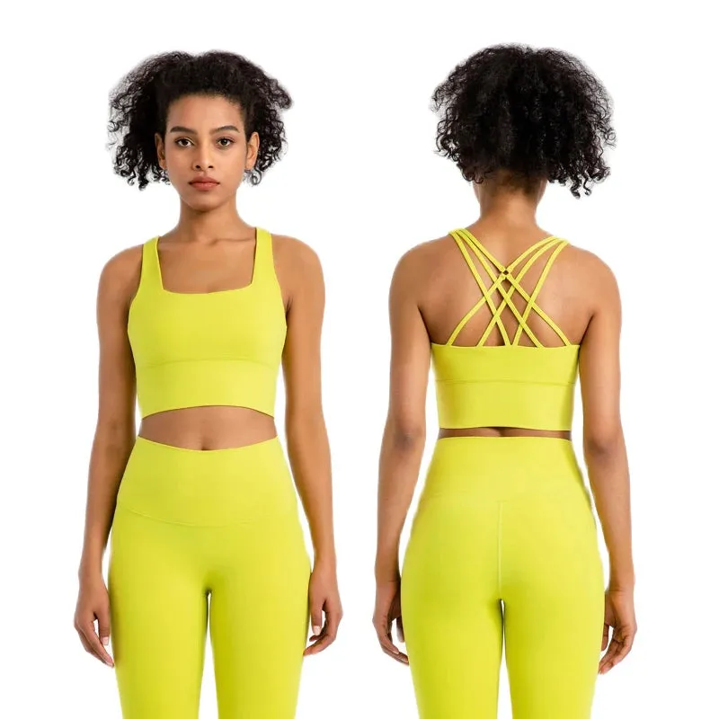 Strappy Sports Bra and High Waist Leggings Workout Set for Women - 2-Piece Nylon Yoga Sport Outfit