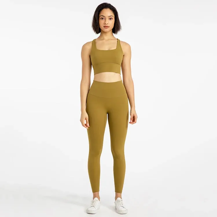 Strappy Sports Bra and High Waist Leggings Workout Set for Women - 2-Piece Nylon Yoga Sport Outfit