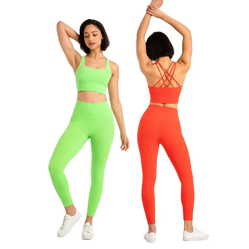 Strappy Sports Bra and High Waist Leggings Workout Set for Women - 2-Piece Nylon Yoga Sport Outfit
