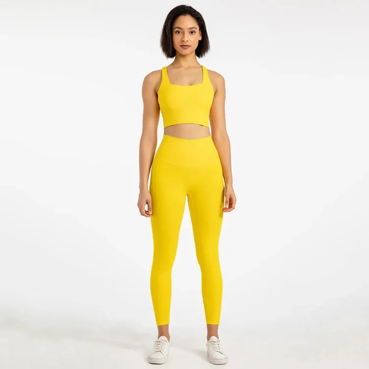 Strappy Sports Bra and High Waist Leggings Workout Set for Women - 2-Piece Nylon Yoga Sport Outfit