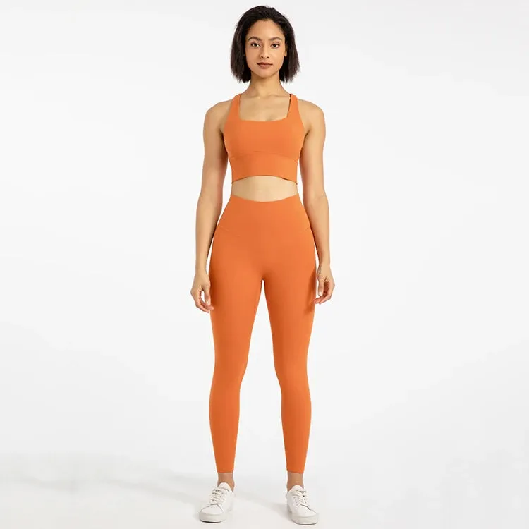 Strappy Sports Bra and High Waist Leggings Workout Set for Women - 2-Piece Nylon Yoga Sport Outfit