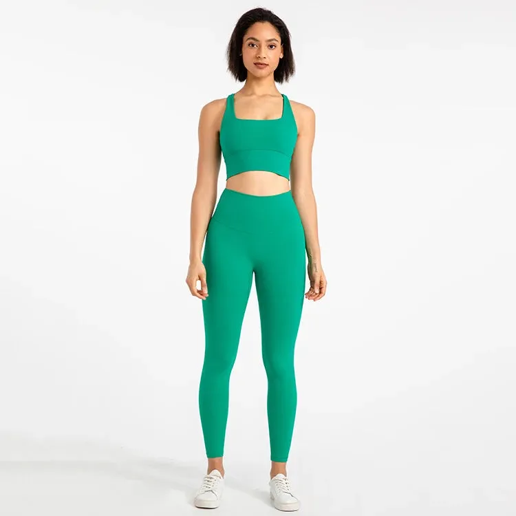 Strappy Sports Bra and High Waist Leggings Workout Set for Women - 2-Piece Nylon Yoga Sport Outfit