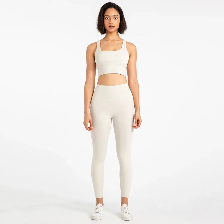 Strappy Sports Bra and High Waist Leggings Workout Set for Women - 2-Piece Nylon Yoga Sport Outfit