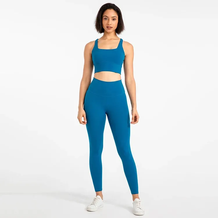 Strappy Sports Bra and High Waist Leggings Workout Set for Women - 2-Piece Nylon Yoga Sport Outfit