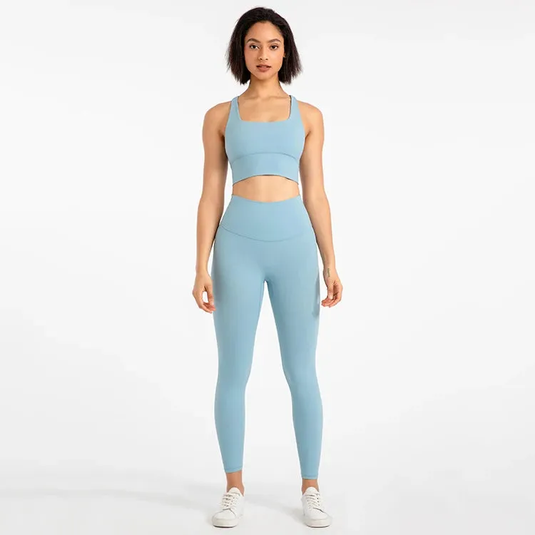 Strappy Sports Bra and High Waist Leggings Workout Set for Women - 2-Piece Nylon Yoga Sport Outfit