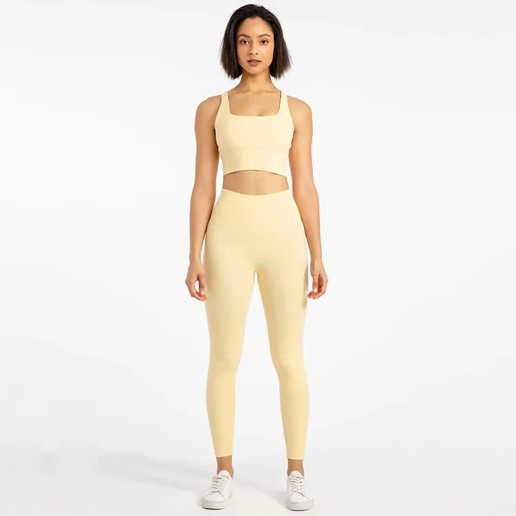 Strappy Sports Bra and High Waist Leggings Workout Set for Women - 2-Piece Nylon Yoga Sport Outfit