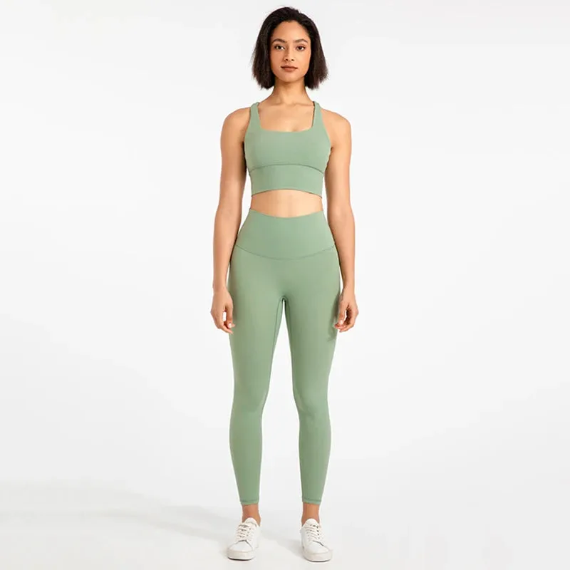 Strappy Sports Bra and High Waist Leggings Workout Set for Women - 2-Piece Nylon Yoga Sport Outfit