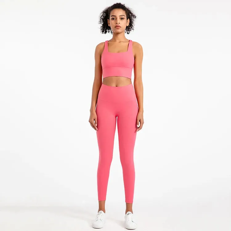 Strappy Sports Bra and High Waist Leggings Workout Set for Women - 2-Piece Nylon Yoga Sport Outfit