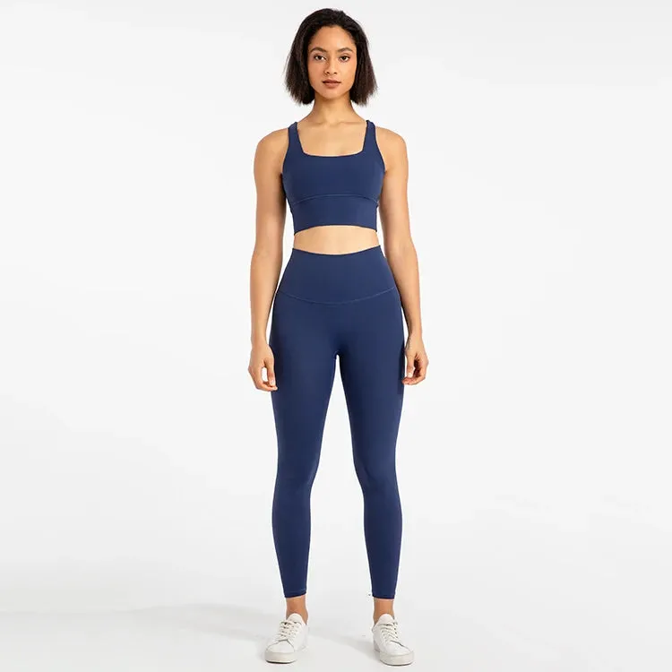 Strappy Sports Bra and High Waist Leggings Workout Set for Women - 2-Piece Nylon Yoga Sport Outfit