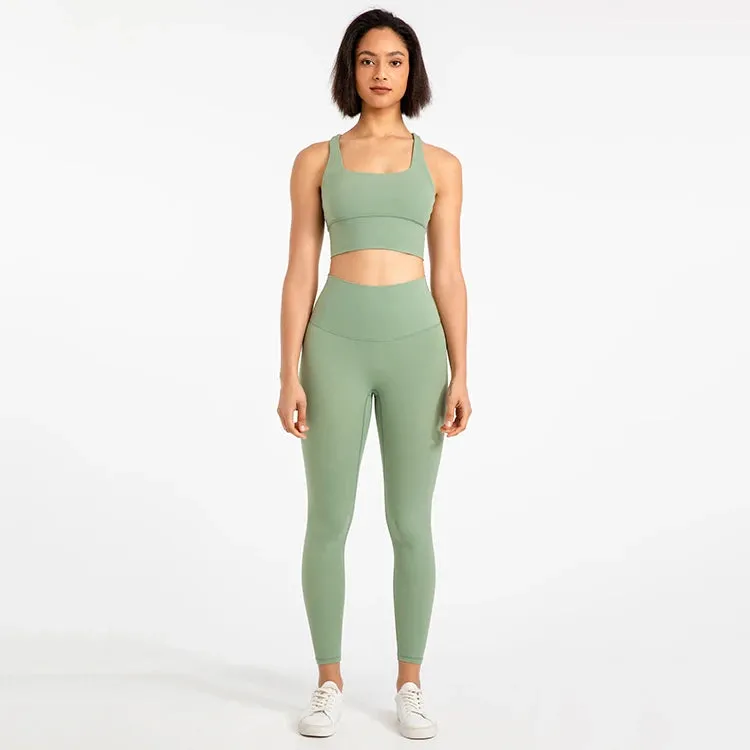Strappy Sports Bra and High Waist Leggings Workout Set for Women - 2-Piece Nylon Yoga Sport Outfit