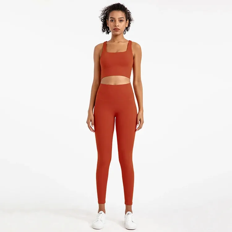 Strappy Sports Bra and High Waist Leggings Workout Set for Women - 2-Piece Nylon Yoga Sport Outfit
