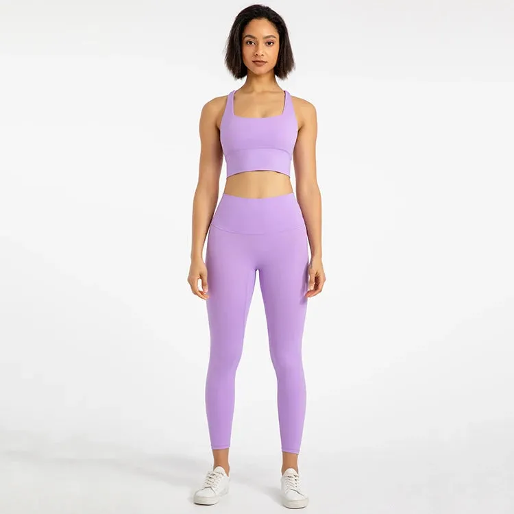Strappy Sports Bra and High Waist Leggings Workout Set for Women - 2-Piece Nylon Yoga Sport Outfit