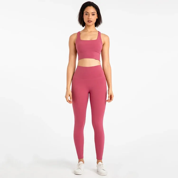 Strappy Sports Bra and High Waist Leggings Workout Set for Women - 2-Piece Nylon Yoga Sport Outfit