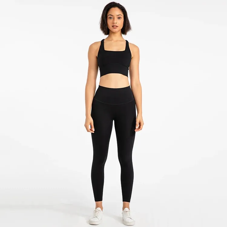 Strappy Sports Bra and High Waist Leggings Workout Set for Women - 2-Piece Nylon Yoga Sport Outfit
