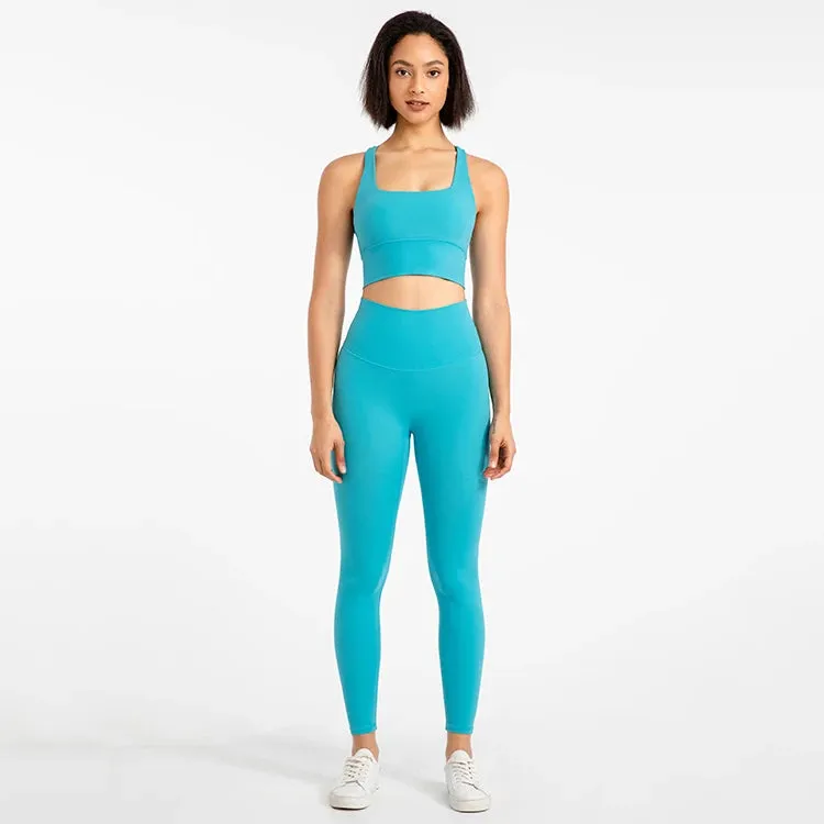 Strappy Sports Bra and High Waist Leggings Workout Set for Women - 2-Piece Nylon Yoga Sport Outfit