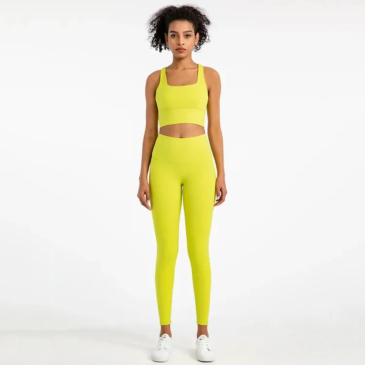 Strappy Sports Bra and High Waist Leggings Workout Set for Women - 2-Piece Nylon Yoga Sport Outfit