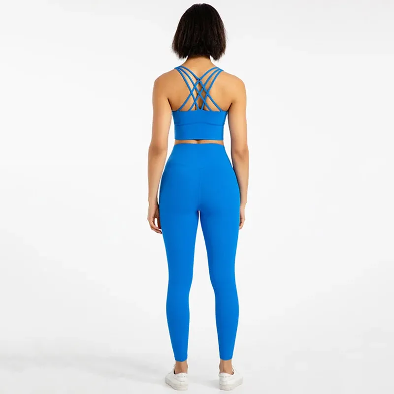 Strappy Sports Bra and High Waist Leggings Workout Set for Women - 2-Piece Nylon Yoga Sport Outfit