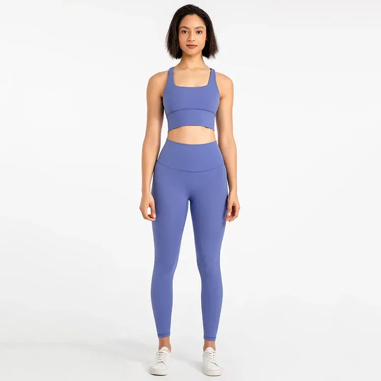 Strappy Sports Bra and High Waist Leggings Workout Set for Women - 2-Piece Nylon Yoga Sport Outfit
