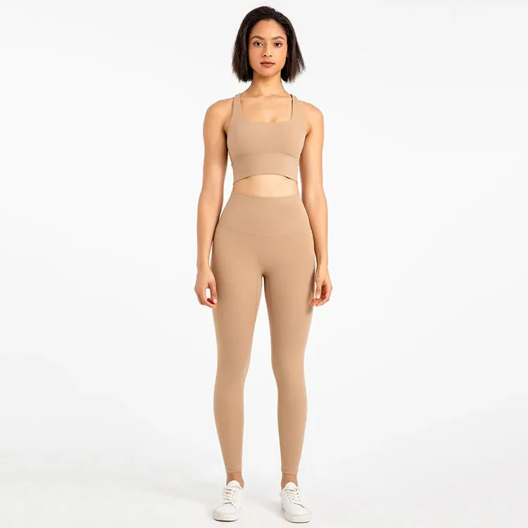 Strappy Sports Bra and High Waist Leggings Workout Set for Women - 2-Piece Nylon Yoga Sport Outfit