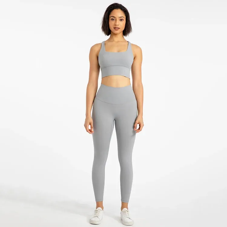 Strappy Sports Bra and High Waist Leggings Workout Set for Women - 2-Piece Nylon Yoga Sport Outfit