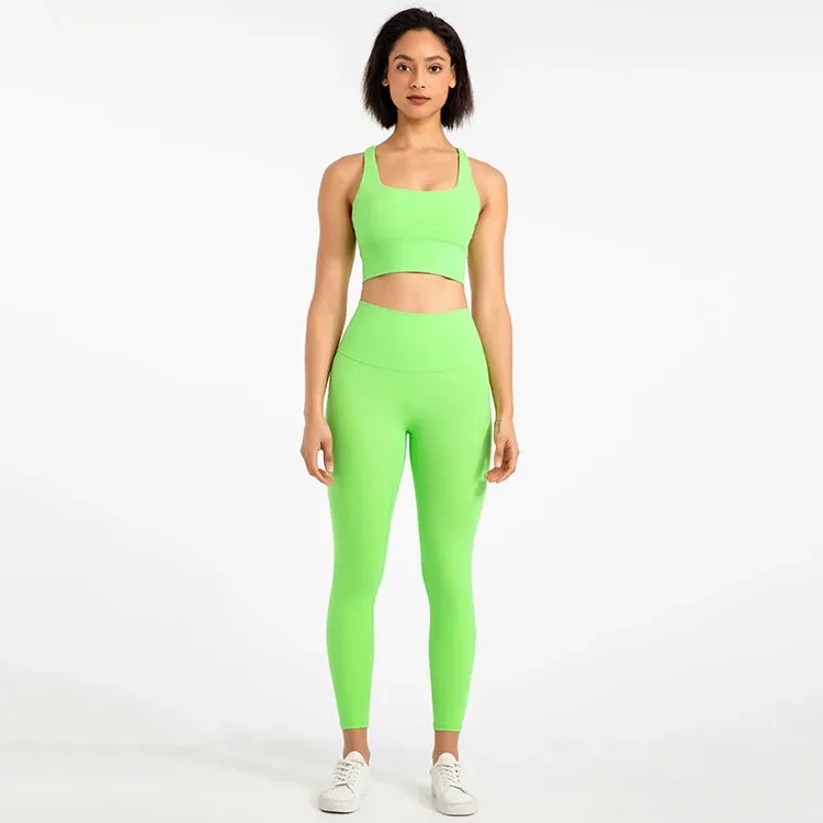 Strappy Sports Bra and High Waist Leggings Workout Set for Women - 2-Piece Nylon Yoga Sport Outfit