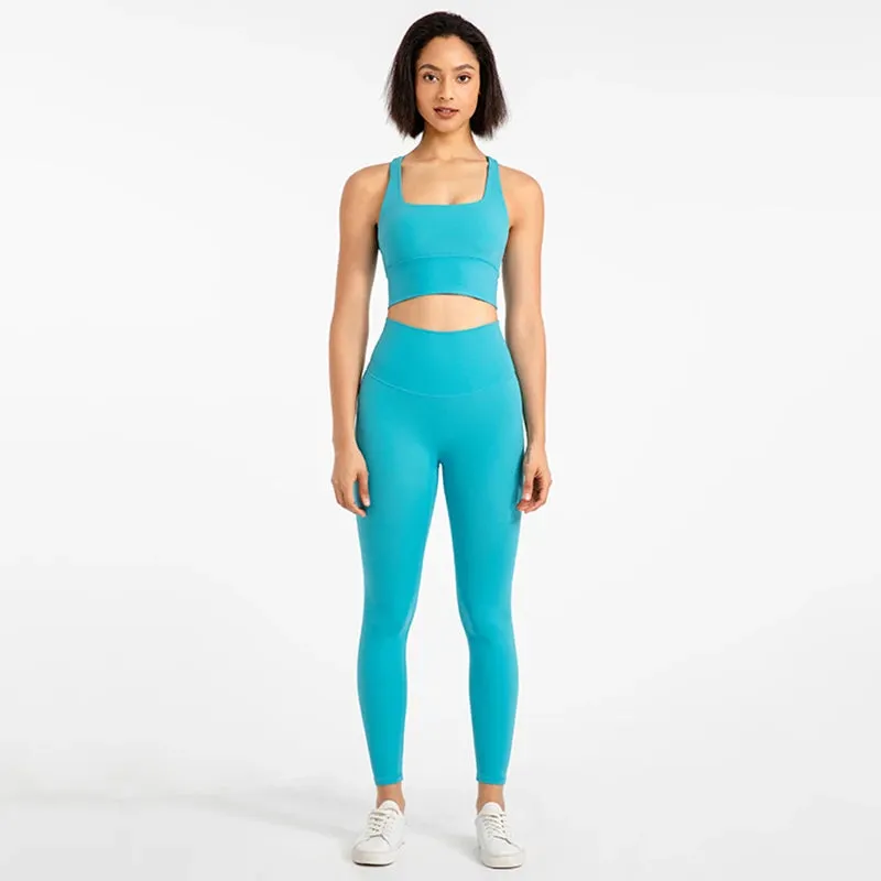 Strappy Sports Bra and High Waist Leggings Workout Set for Women - 2-Piece Nylon Yoga Sport Outfit