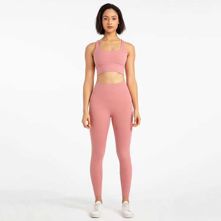 Strappy Sports Bra and High Waist Leggings Workout Set for Women - 2-Piece Nylon Yoga Sport Outfit