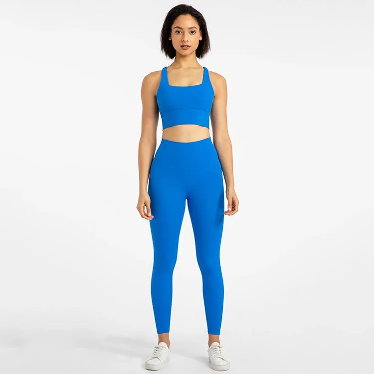 Strappy Sports Bra and High Waist Leggings Workout Set for Women - 2-Piece Nylon Yoga Sport Outfit