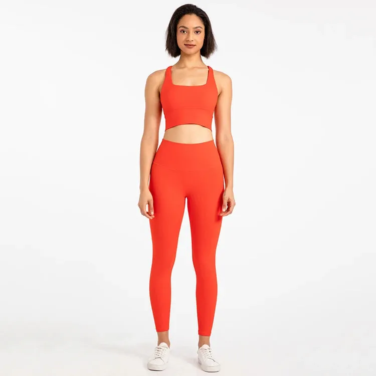 Strappy Sports Bra and High Waist Leggings Workout Set for Women - 2-Piece Nylon Yoga Sport Outfit
