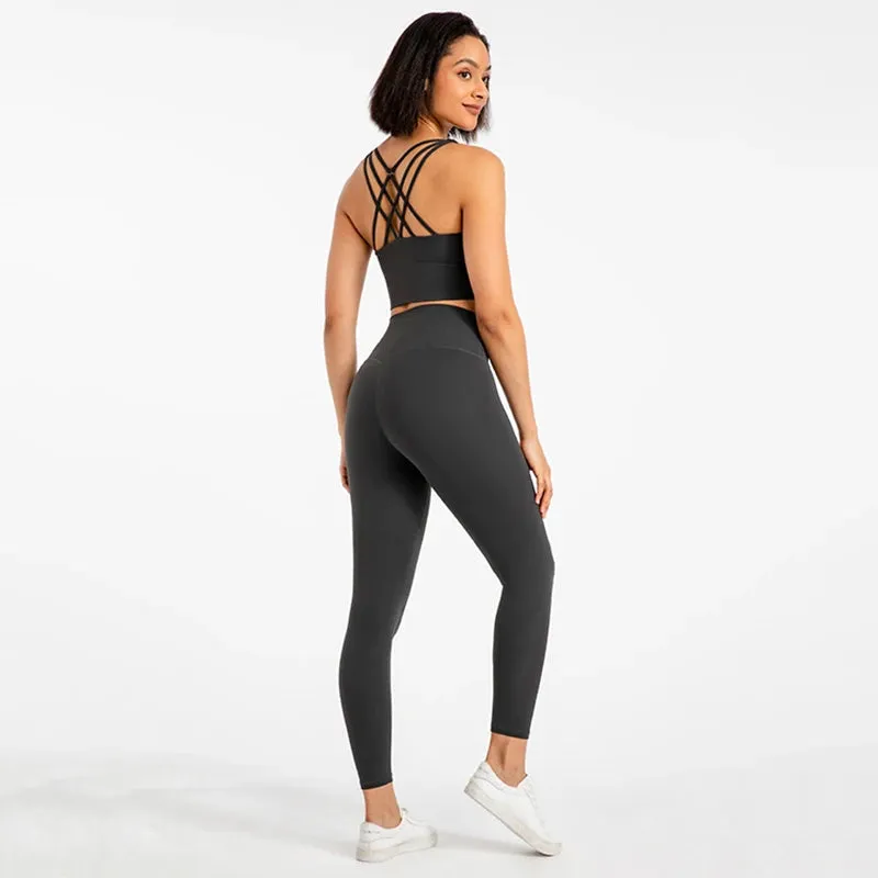 Strappy Sports Bra and High Waist Leggings Workout Set for Women - 2-Piece Nylon Yoga Sport Outfit