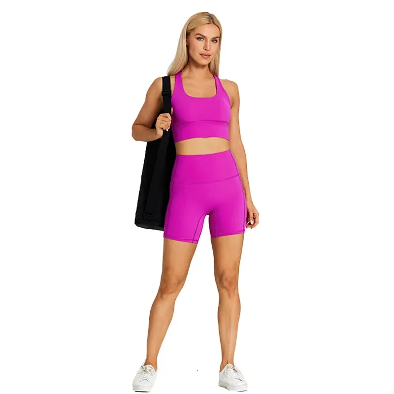 Stretchy Nylon Yoga Set for Women - Padded Crop Top Bra and Sport Shorts