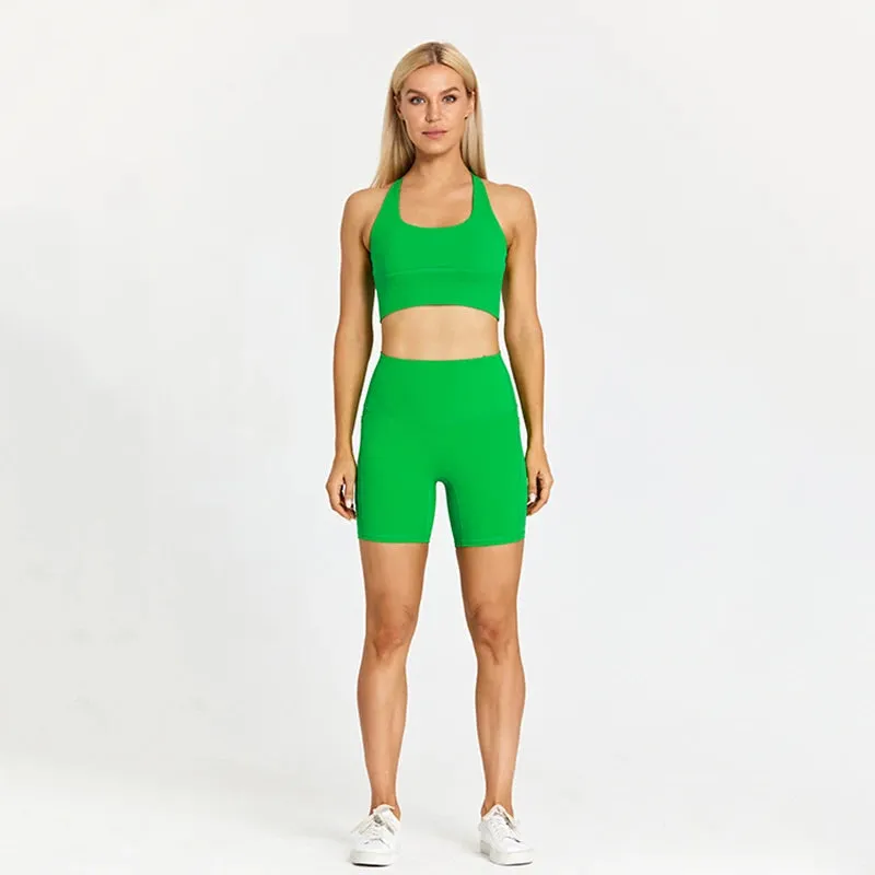 Stretchy Nylon Yoga Set for Women - Padded Crop Top Bra and Sport Shorts