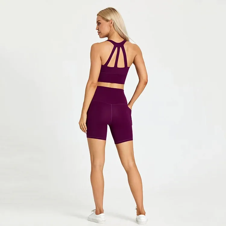 Stretchy Nylon Yoga Set for Women - Padded Crop Top Bra and Sport Shorts