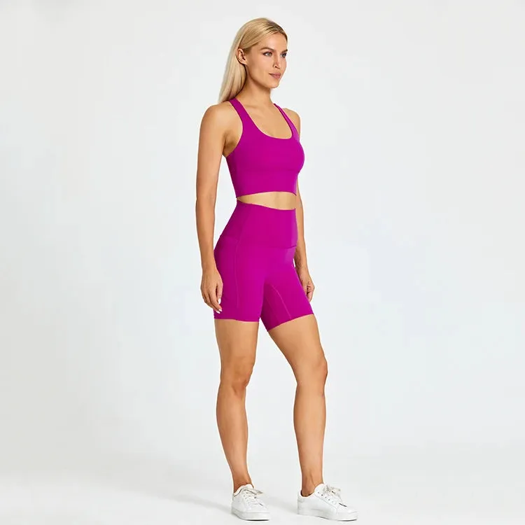Stretchy Nylon Yoga Set for Women - Padded Crop Top Bra and Sport Shorts