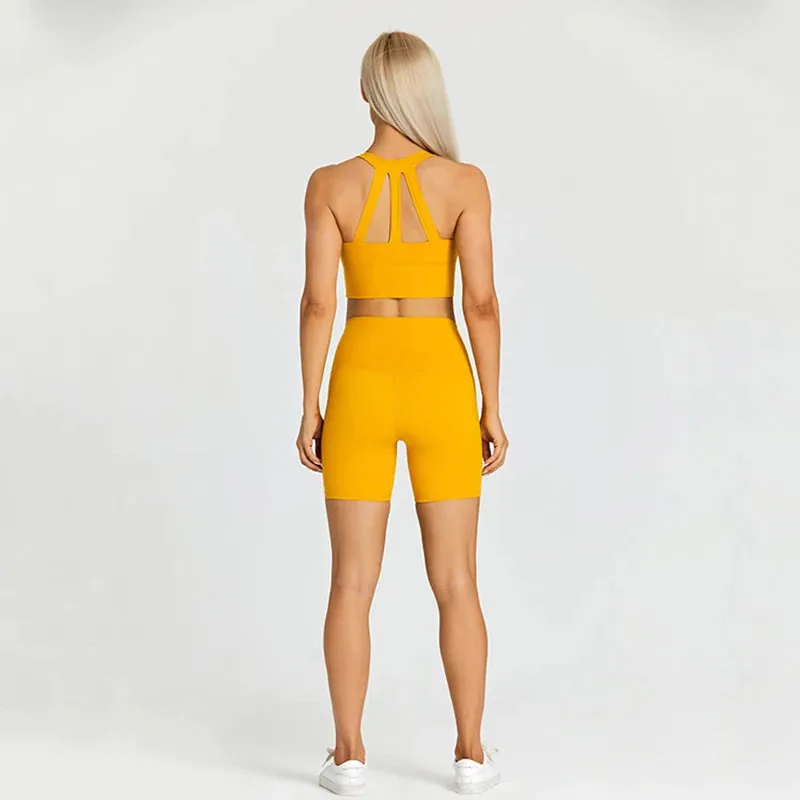 Stretchy Nylon Yoga Set for Women - Padded Crop Top Bra and Sport Shorts