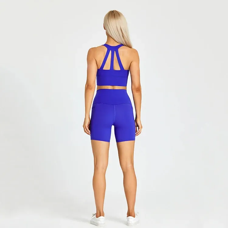 Stretchy Nylon Yoga Set for Women - Padded Crop Top Bra and Sport Shorts
