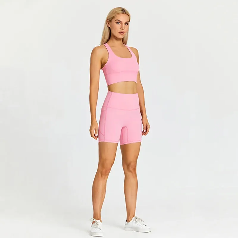 Stretchy Nylon Yoga Set for Women - Padded Crop Top Bra and Sport Shorts