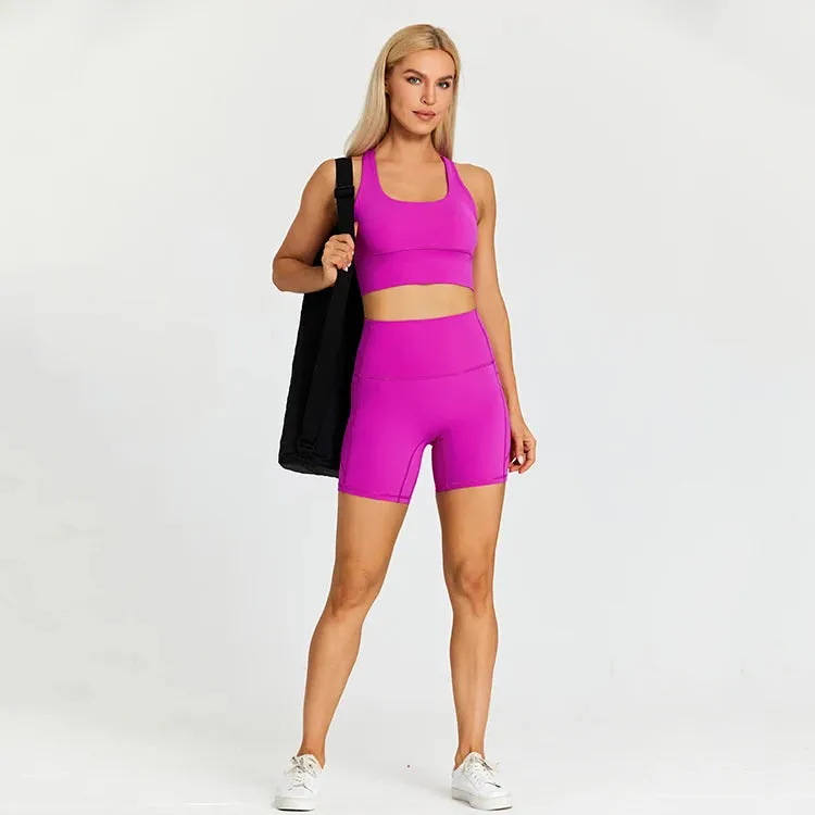 Stretchy Nylon Yoga Set for Women - Padded Crop Top Bra and Sport Shorts