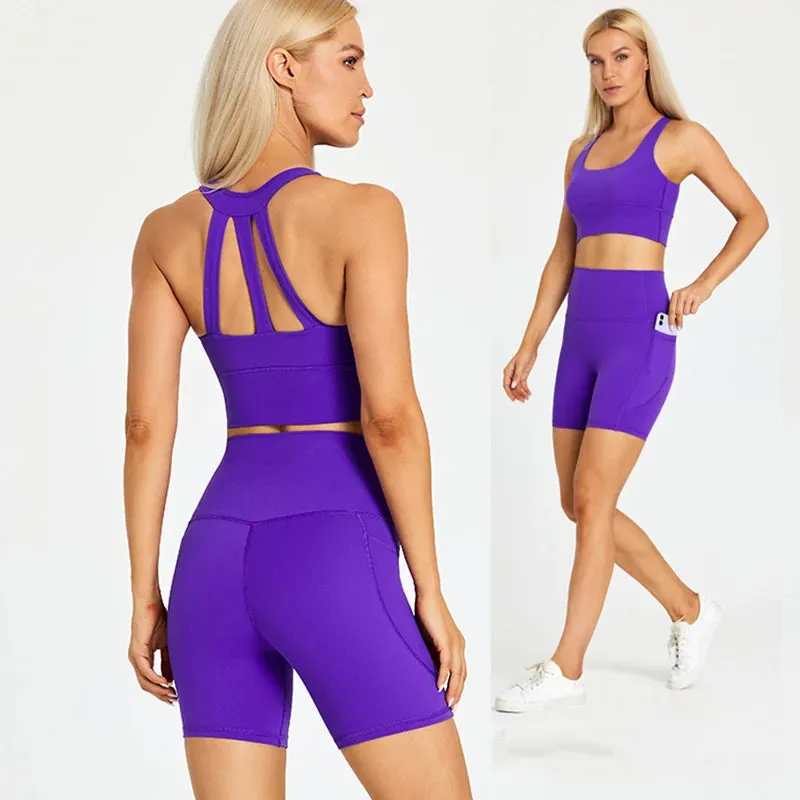 Stretchy Nylon Yoga Set for Women - Padded Crop Top Bra and Sport Shorts