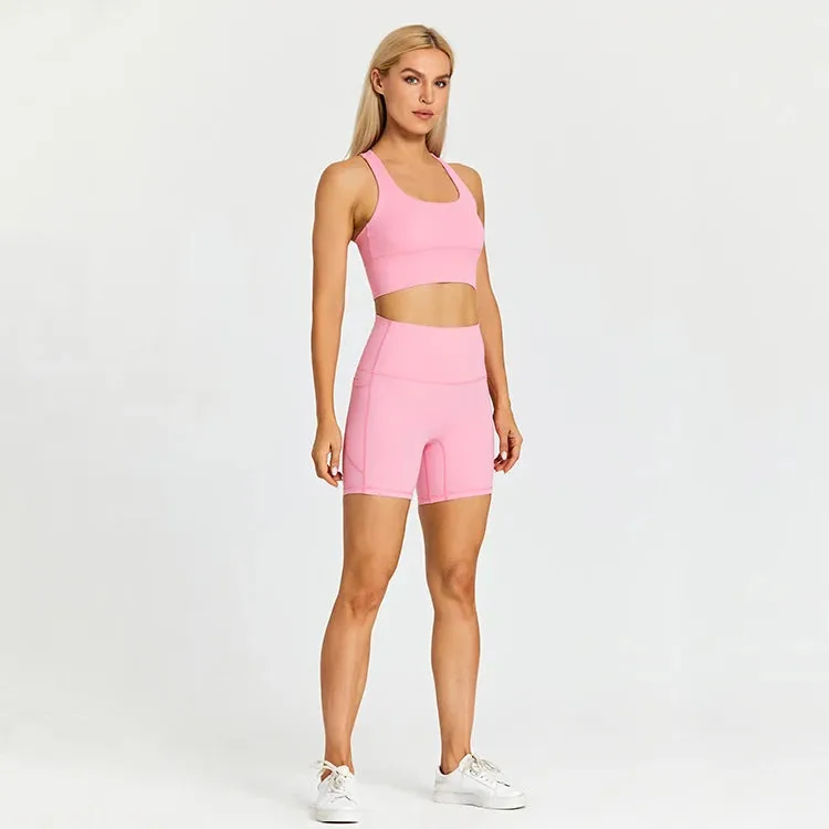 Stretchy Nylon Yoga Set for Women - Padded Crop Top Bra and Sport Shorts