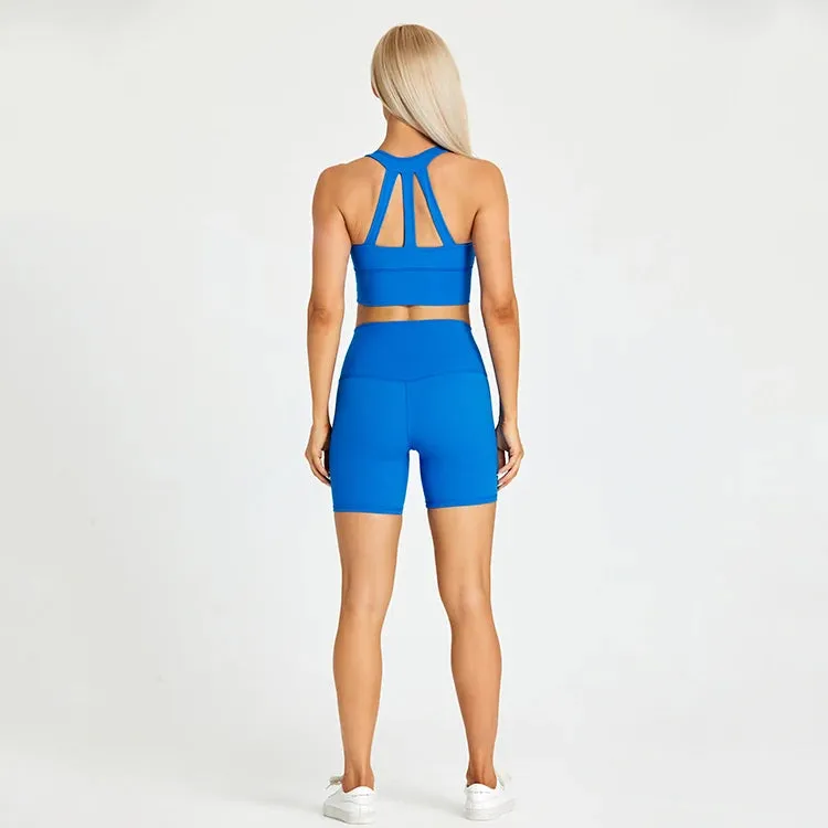 Stretchy Nylon Yoga Set for Women - Padded Crop Top Bra and Sport Shorts