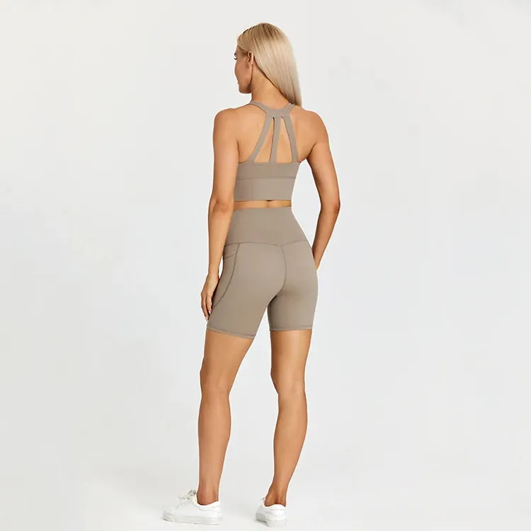 Stretchy Nylon Yoga Set for Women - Padded Crop Top Bra and Sport Shorts