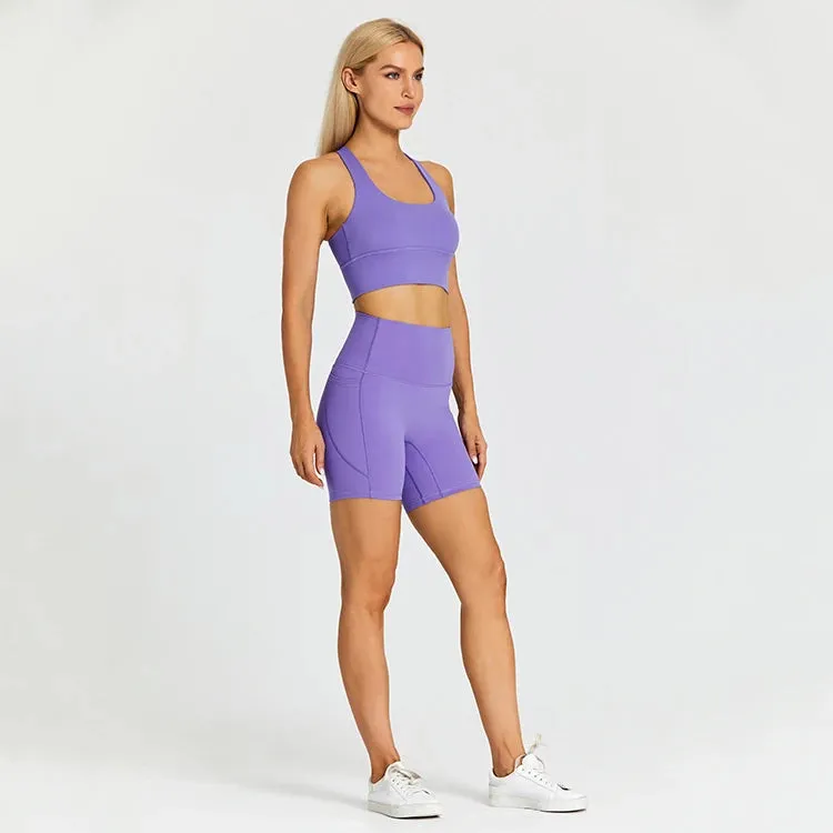 Stretchy Nylon Yoga Set for Women - Padded Crop Top Bra and Sport Shorts
