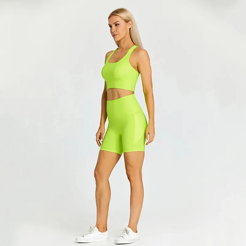 Stretchy Nylon Yoga Set for Women - Padded Crop Top Bra and Sport Shorts